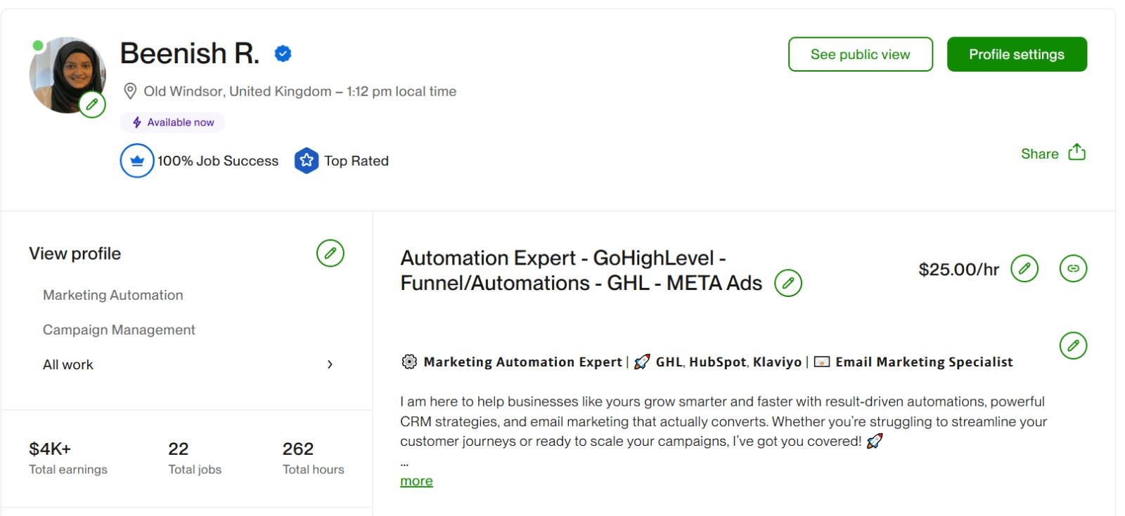 Scaled UK Client's Upwork Profile